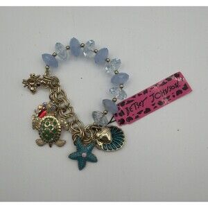Betsey Johnson Charm Bracelet Blue Beads Turtle Starfish Gold Tone